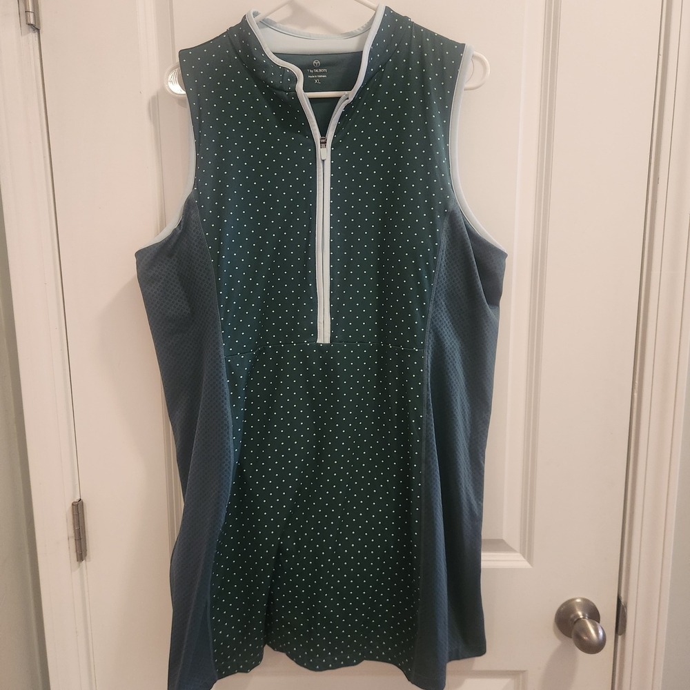 T by Talbots Womens XL Green Polka Dot Sleeveless Golf Tennis Active Dress Zip